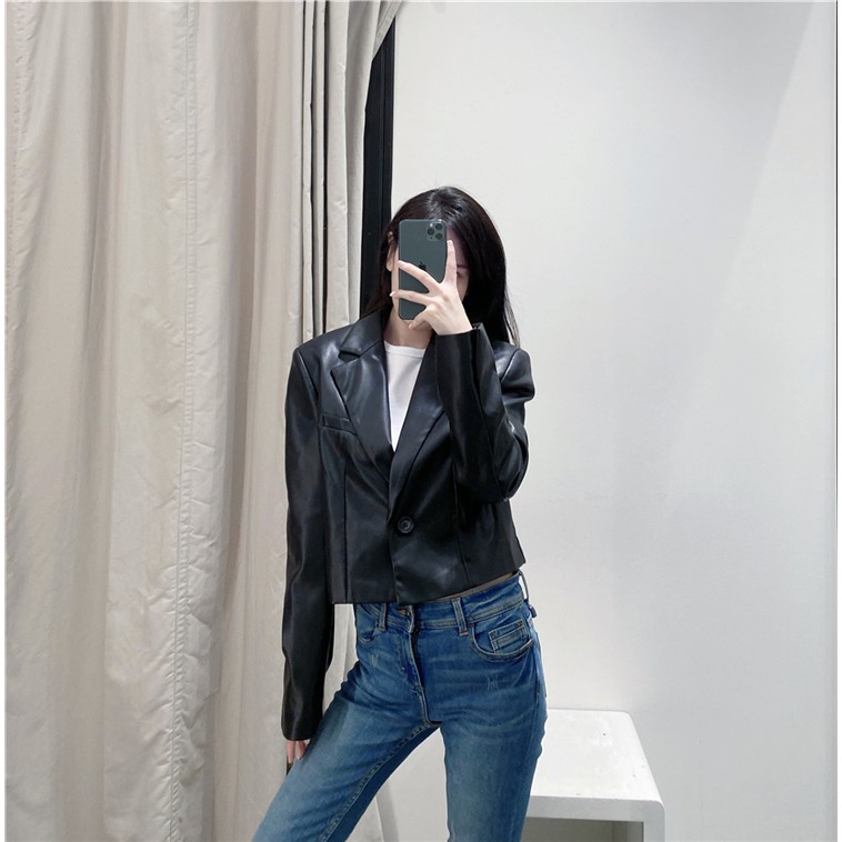 ÁO KHOÁC NỮ BLAZER DÁNG LỬNG DA MÀU XANH ĐEN | BigBuy360 - bigbuy360.vn