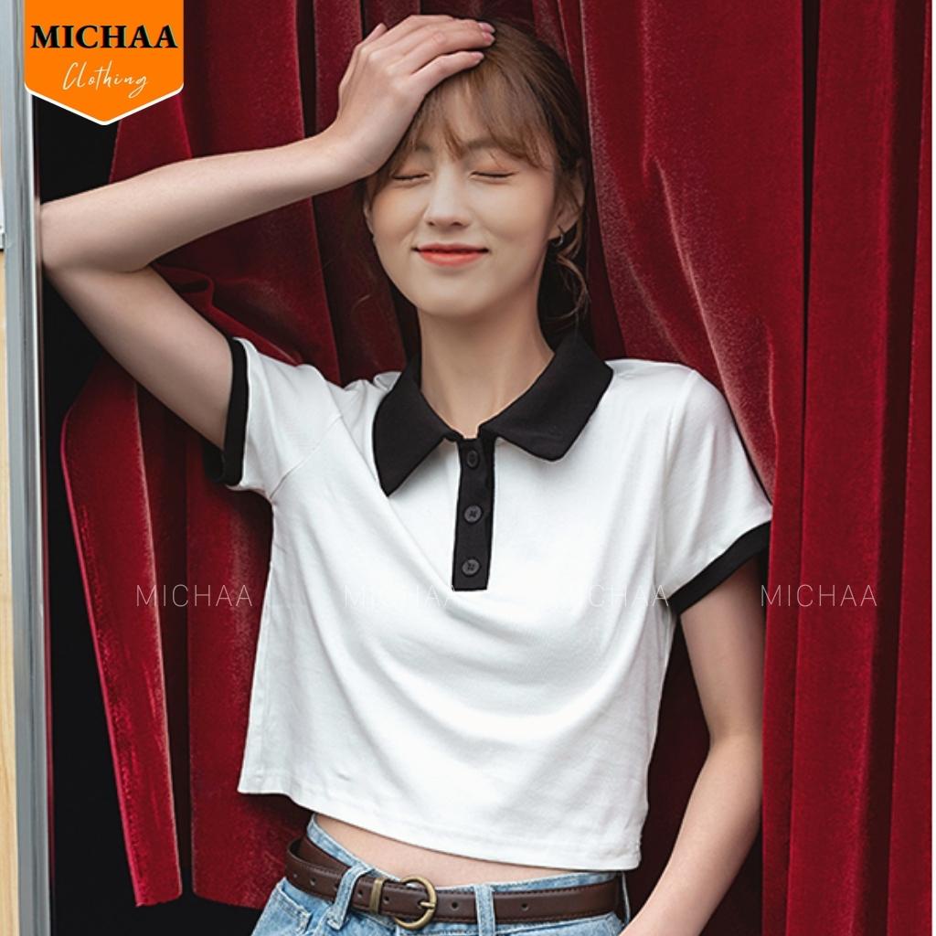 Áo Croptop CỔ POLO PHỐI Màu Đen Trắng Nữ, Áo Cổ Bẻ Tay Ngắn Đẹp - MICHAA