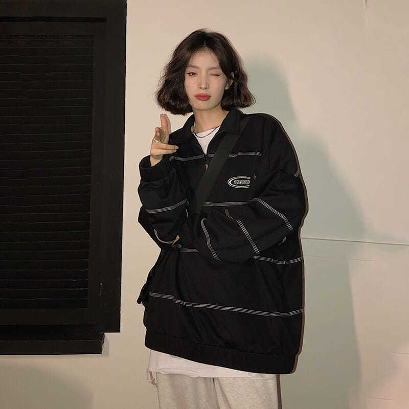Áo sweater Cổ Polo Dáng Rộng Phối Khóa Kéo Kiểu Hàn Quốc Dễ Phối Đồ