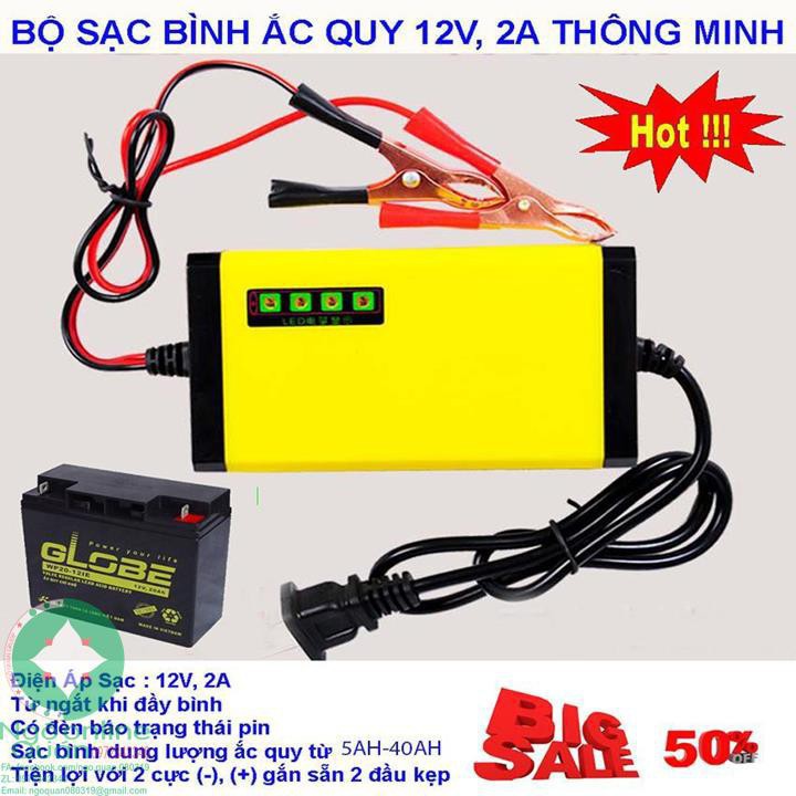 Sẵn kho-Sạc Bình Ắc Quy 12v Tự Ngắt - Dòng Sạc 2A