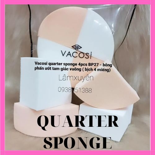 VACOSI QUARTER SPONGE 4PCS BP27 _ bông phấn  ướt tam giác vuông (bịch 4 miếng)  bông mềm mịn dễ tán tiện lợi