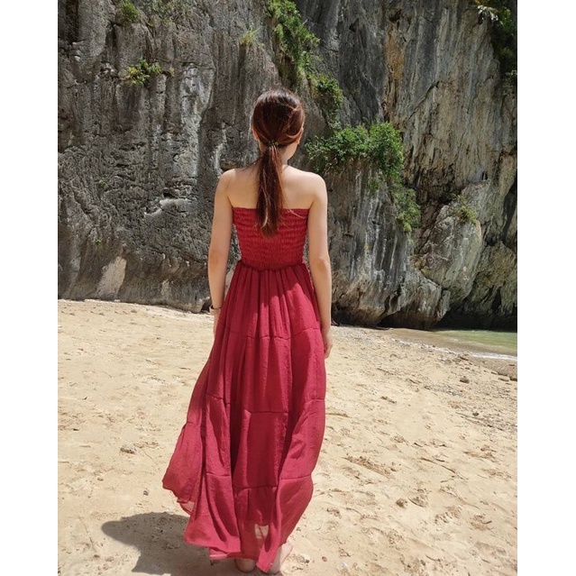[47-60ky]Đầm maxi xoè ráp tầng đầm chạy thun quanh eo tôn dáng vải xô gân có lót