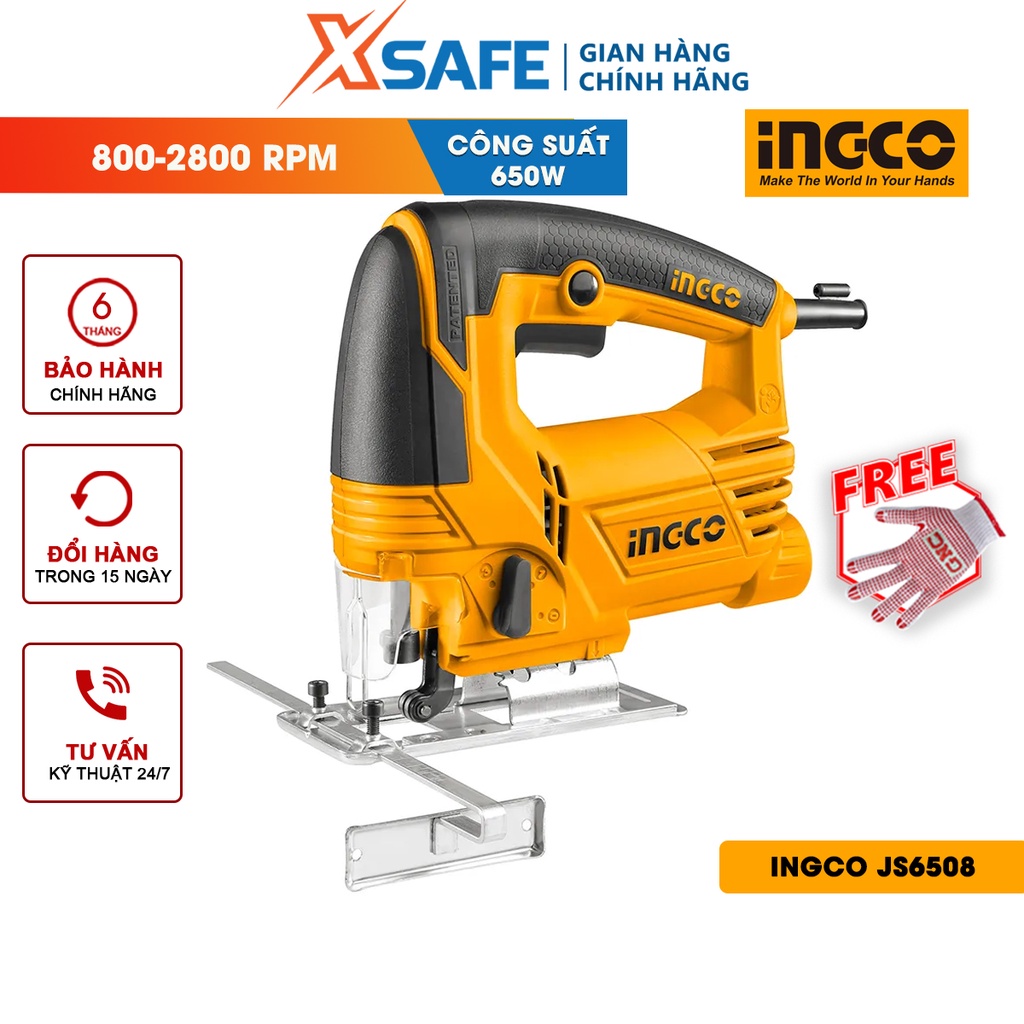 Máy cưa lọng INGCO JS6508 650W chất liệu cao cấp, độ bền cao, kèm 5 lưỡi cưa, 1 bộ carbon chống sốc, mạnh mẽ