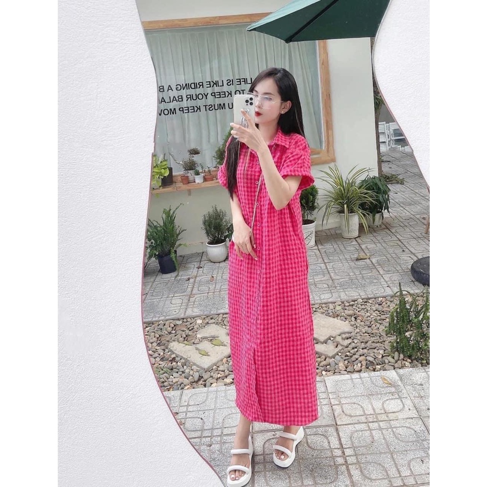 :Váy sơ mi basic kẻ caro hồng chất mịn mát bầu bí mặc thoải mái kèm ảnh thật trải sàn LOLLA _FASHION