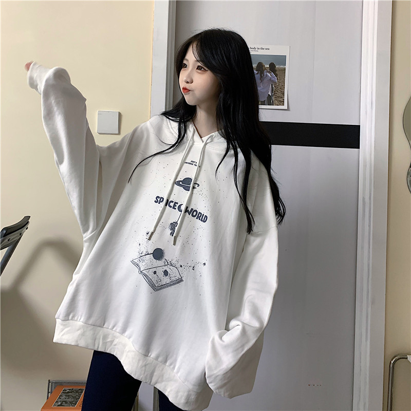 Áo hoodie nữ form rộng dài unisex SEC WORL màu trắng xanh nỉ da cá thời trang hàn quốc học sinh, sinh viên 2021