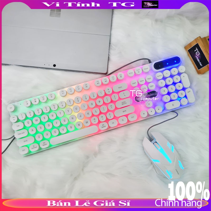 Combo Bàn phím màu trắng nút tròn kèm chuột có led đa màu cực đẹp - Vi tính TG K500