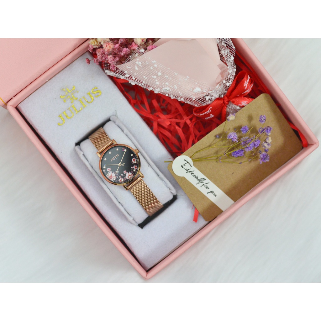 Combo đồng hồ nữ Julius Hàn Quốc JA-1164 dây thép hộp da cao cấp sang trọng kèm lắc tay vàng hồng