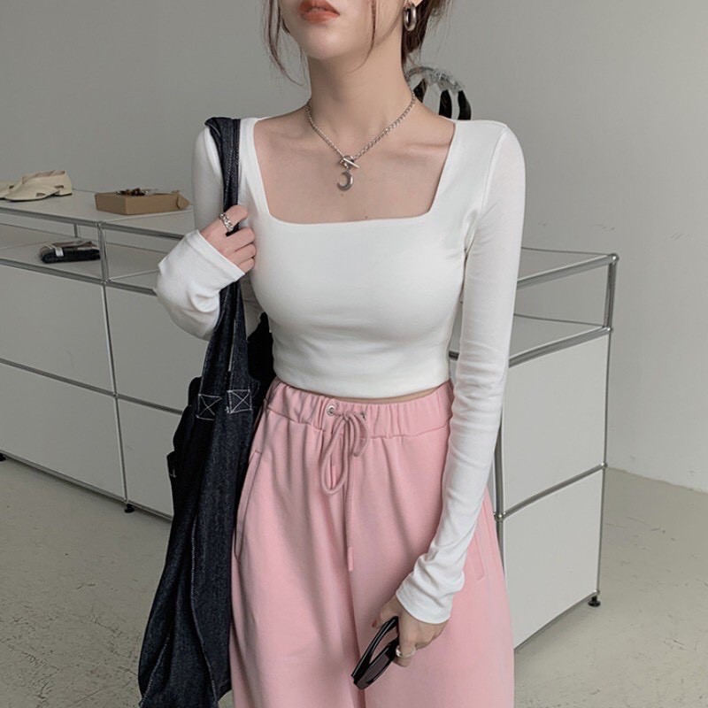 áo croptop nữ dài tay, cổ vuông, dễ phối đồ, thun borip mềm đẹp