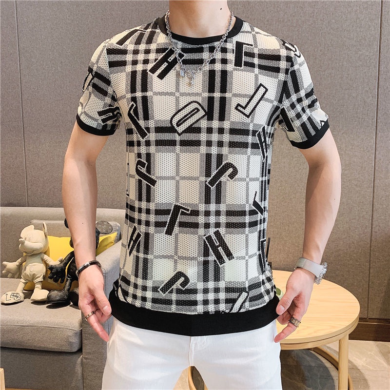 Áo Thun Tay Ngắn Dáng Ôm Vải Lụa Lạnh Phối Lưới Thoáng Khí Kiểu Hàn Quốc Cá Tính Cho Nam