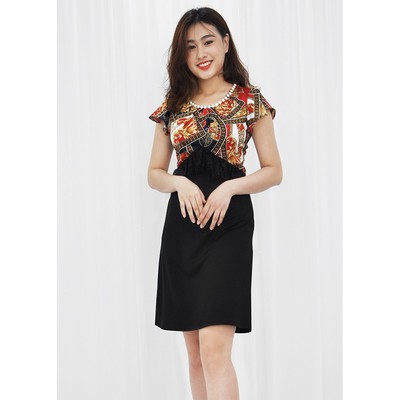 [GOTI - Có Hình Thật] Đầm Suông Dự Tiệc Kiểu Chữ A In Họa Tiết Châu Âu Phối Ren Tay Cánh Tiên 3074