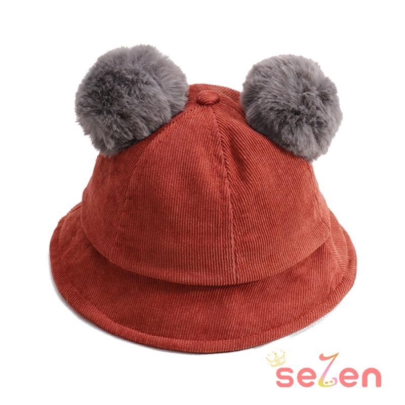 Nón vành tròn vải nhung sọc kẻ màu trơn đính quả bông xinh xắn cho bé