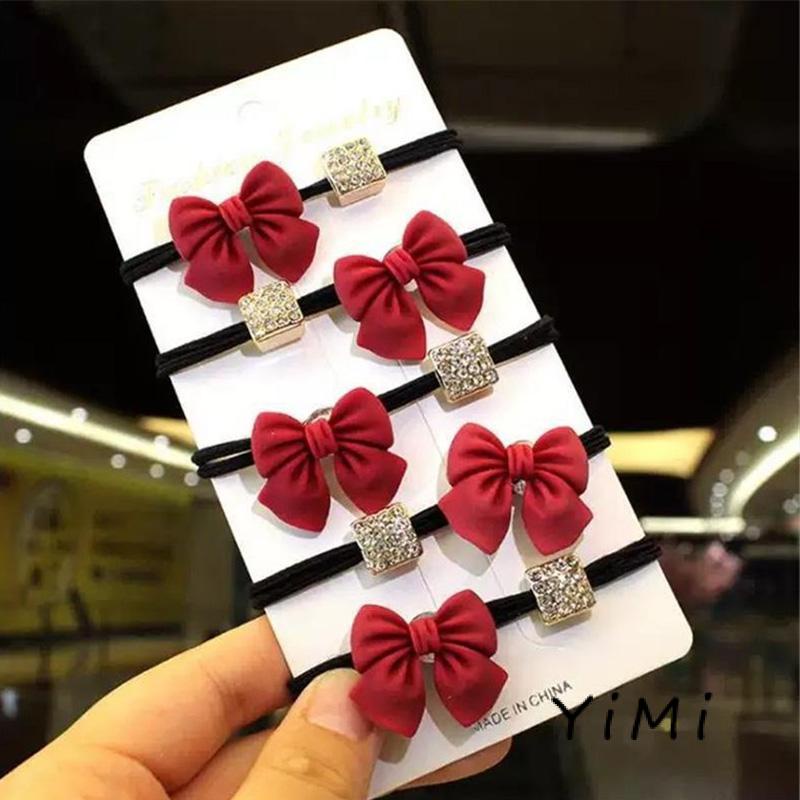 Dây Cột Tóc Cao Su Co Giãn Đính Đá Hình Vuông Màu Đỏ Thời Trang Cho Bé