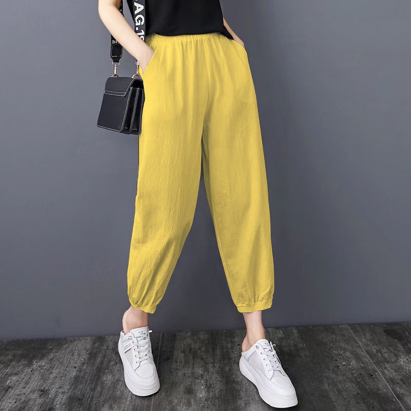 Quần jogger nữ, Quần bo gấu vải đũi xước cao cấp mùa hè, mùa thu mặc đi chơi