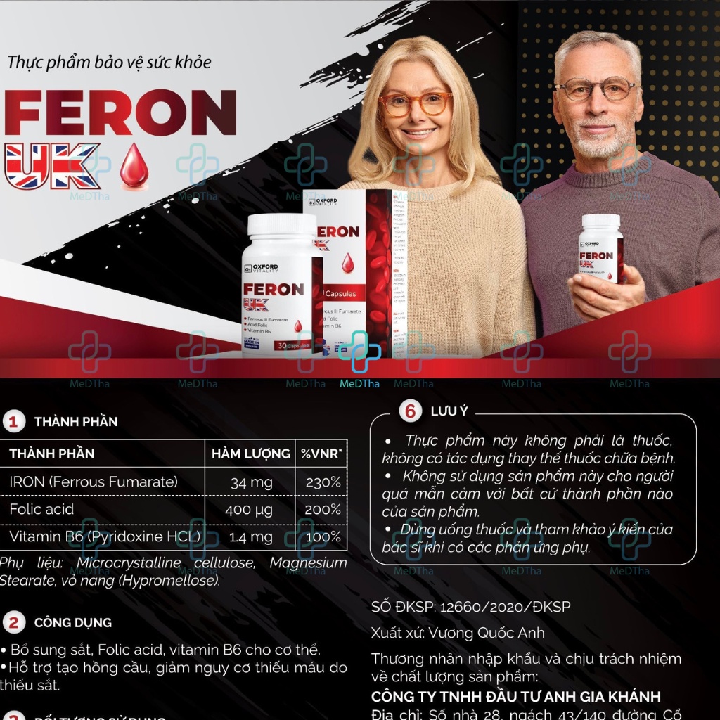 Viên Bổ Sắt Feron UK - Bổ Sung Sắt, Acid Folic, Vitamin B6, Sắt Cho Bà Bầu, Thiếu Máu (Lọ 30 Viên) [Chính Hãng]