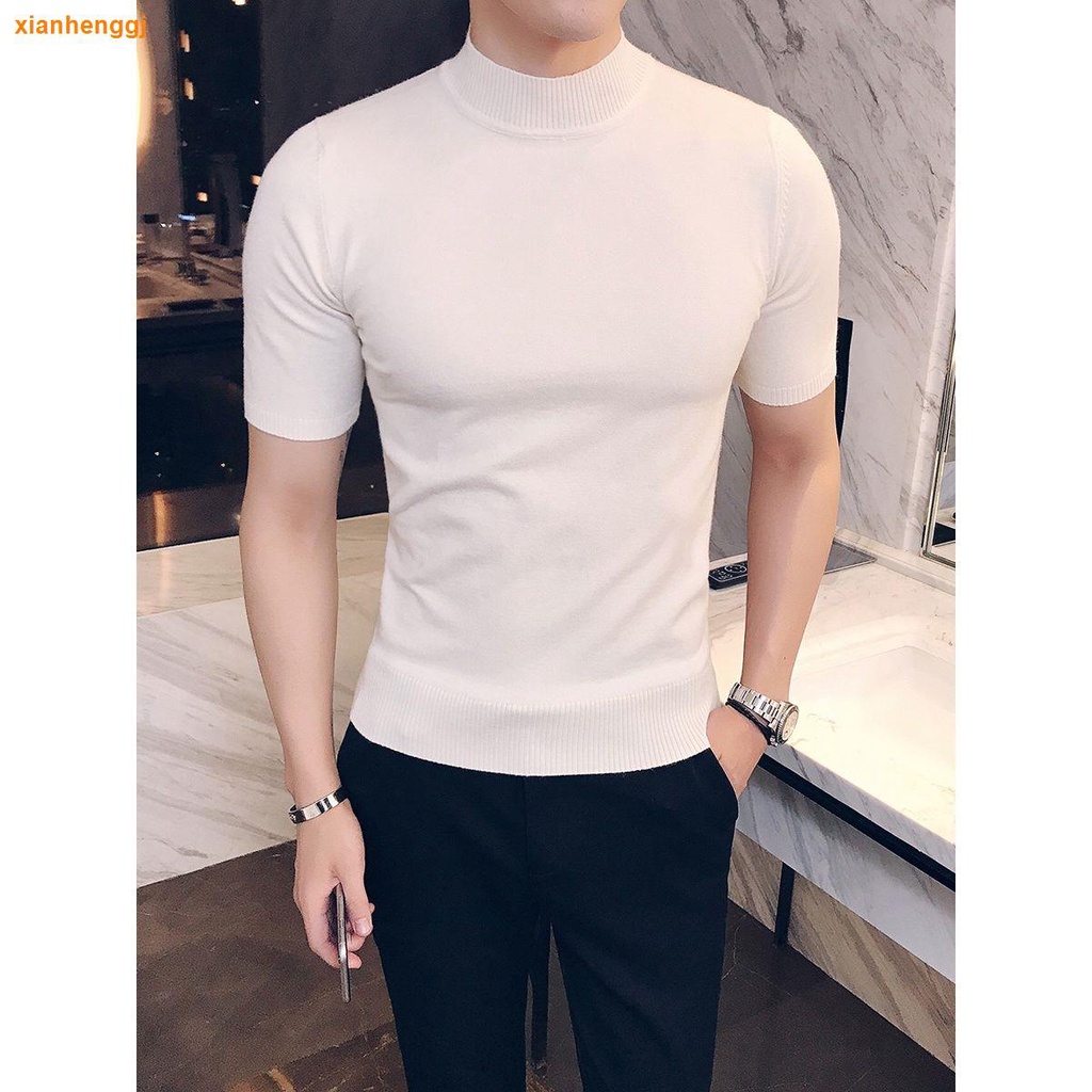 Áo Thun Dệt Kim Cổ Lọ Tay Ngắn Dáng Ôm Thời Trang Xuân Thu Phong Cách Hàn Quốc Cho Nam