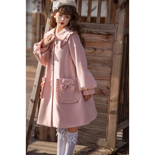 YAS0539-Áo khoác dạ Alice Girl dáng chữ A nhún bèo gắn nơ