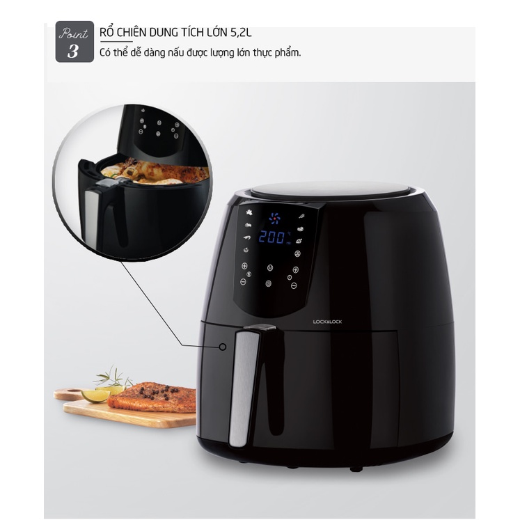 [BH 12 Tháng] Nồi Chiên Không Dầu Điện Tử Lock&amp;Lock Jumbo Plus Air Fryer EJF357BLK (5.2 Lít) Màu Đen