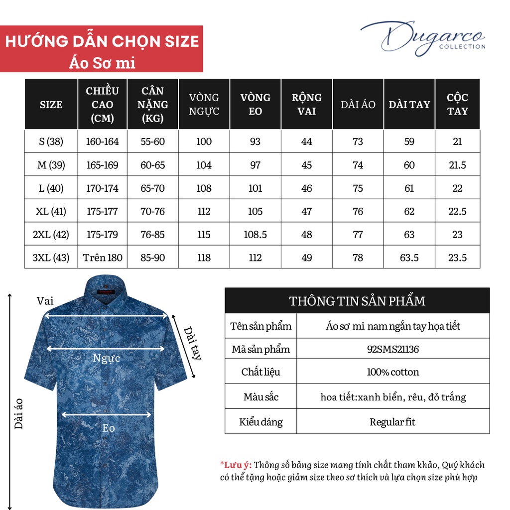 Áo sơ mi DUGARCO nam họa tiết tay ngắn công sở cotton 92SMS21136