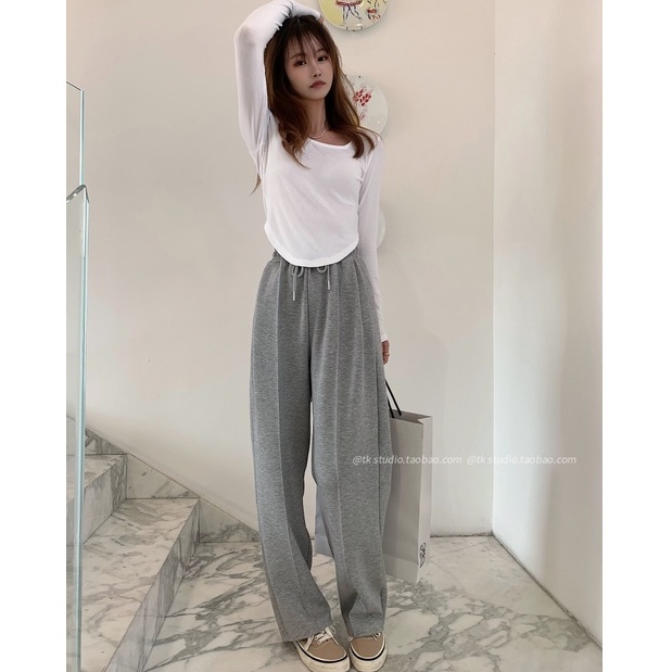 Quần Thể Thao Nữ Lưng Cao Ống Rộng Phong Cách Hàn Quốc