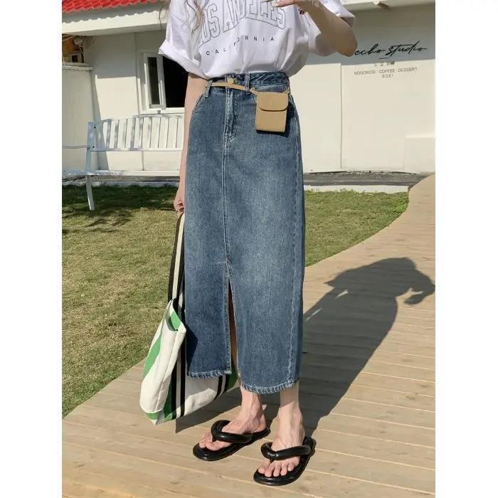 Chân Váy Denim Dài Qua Gối Dáng Chữ a Lưng Cao Phong Cách Phương Tây Retro Cỡ Lớn