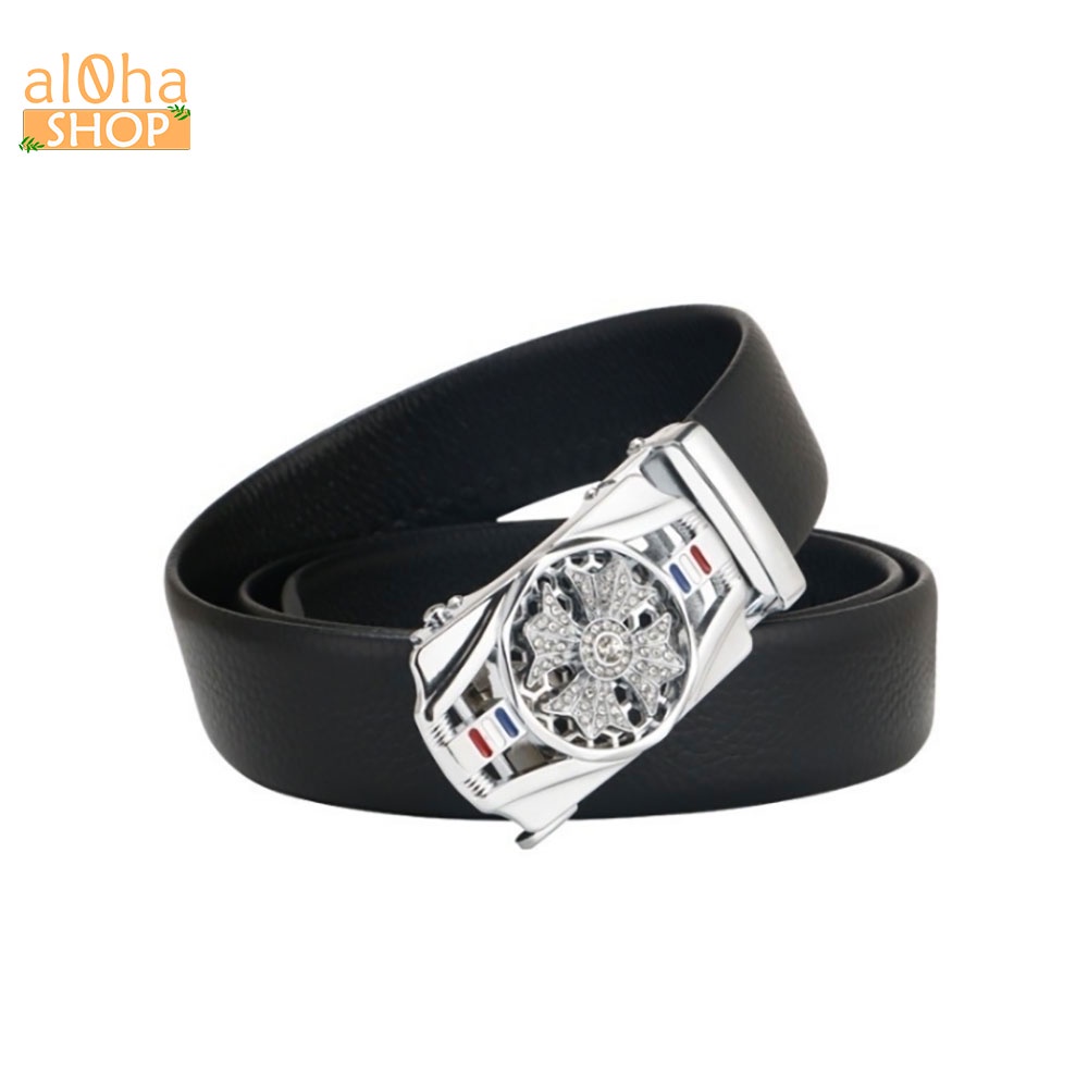 Thắt lưng da nam cao cấp mặt chữ nhật đính đá xoay 360, khoá tự động - al0ha Shop