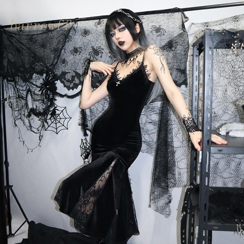 Brroa Đầm Nhung Midi Đuôi Cá Xếp Ly Phối Ren Dây Chéo Phong Cách Goth Cổ Điển Goth Cho Nữ