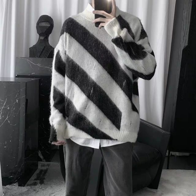 Áo len lông sọc đen trắng chéo cổ tròn OFF-WHITE style Ulzzang Hàn quốc siêu chất
