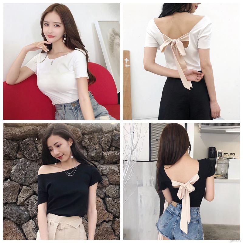 Áo Thun Tay Ngắn Cổ Tròn Phối Nơ Sau Lưng Màu Trơn Phong Cách Hàn Quốc