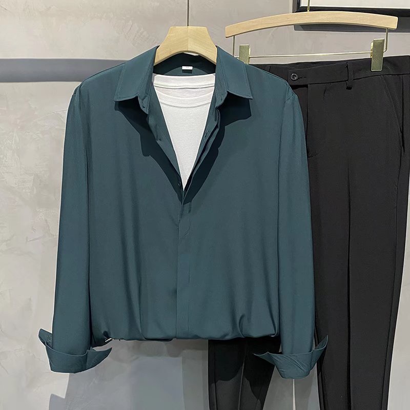 Áo Sơ Mi Tay Dài Bằng polyester Màu Trơn Phong Cách Hàn Quốc Thời Trang Cho Nam