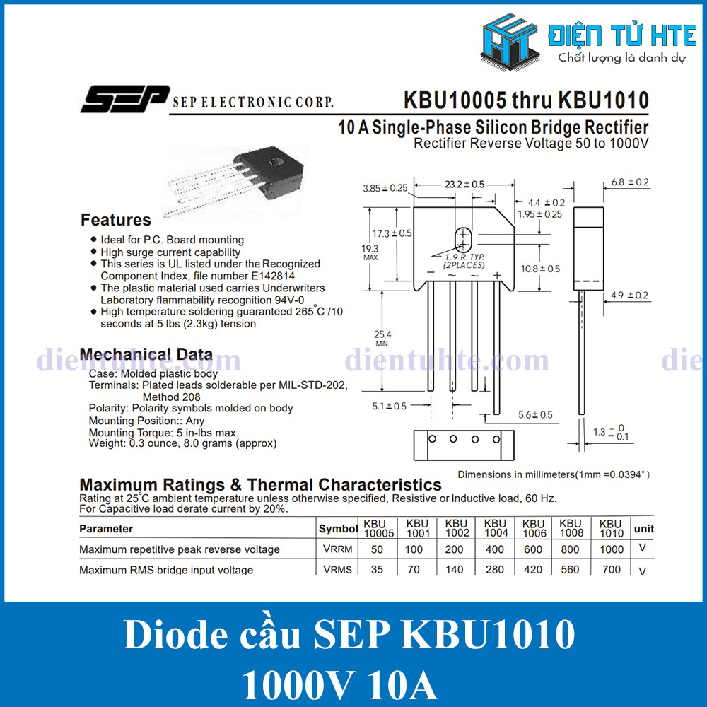 Diode chỉnh lưu cầu SEP KBU1010 1000V 10A