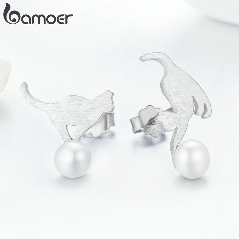 Bông tai Bamoer bạc 925 họa tiết chú mèo chơi bóng xinh xắn
