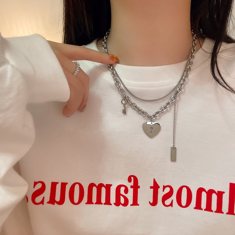 Vòng cổ Hai Lớp Mặt Hình Chìa Khóa Trái Tim Phong Cách Hip Hop