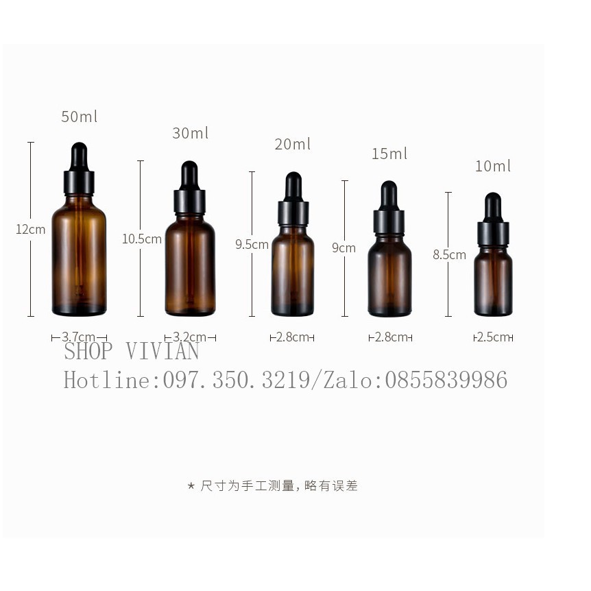 Chai lọ đựng tinh dầu, tinh chất, chai chiết mỹ phẩm bằng thủy tinh nâu, nắp bóp đen đủ loại dung tích