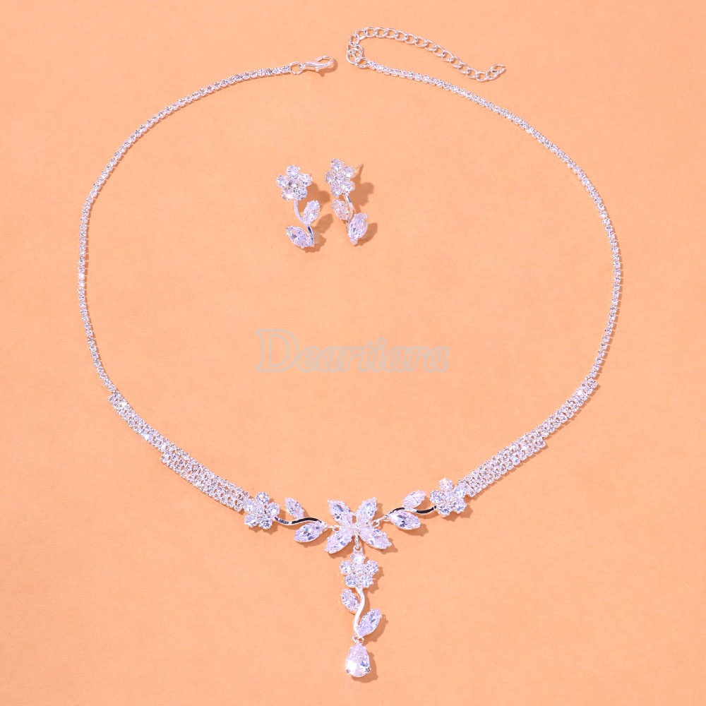 Bộ Vòng cổ + Bông Tai Đính Đá Zircon Sang Trọng Cho Cô Dâu