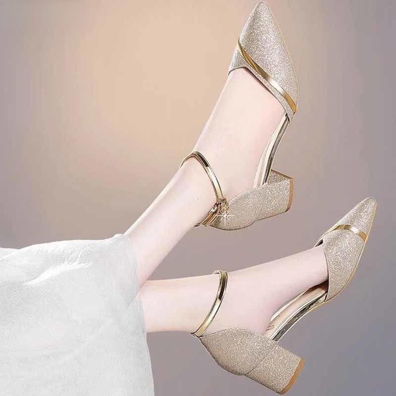 Giày cao gót nữ đẹp đế vuông 5 phân hàng hiệu JH hai màu trắng vàng da mềm