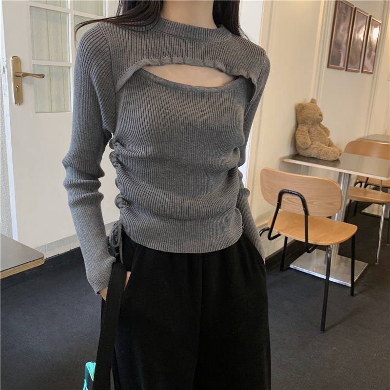【ZHELIHANGFEI】Áo Sweater Dệt Kim Tay Dài Dáng Ôm Phối Dây Rút Cá Tính