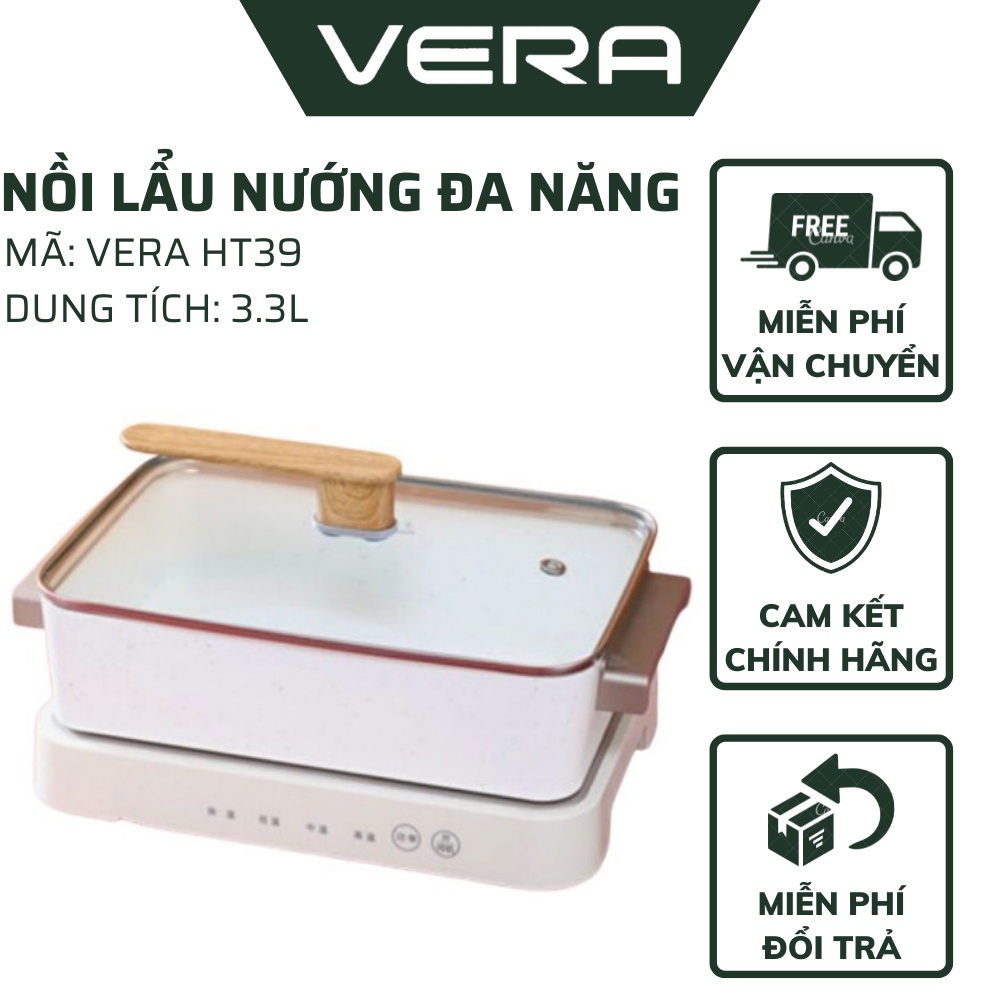 Nồi Lẩu Điện Đa Năng 3 IN 1 VERA HT39 - Nồi Lẩu Nướng 3 Khay Nướng, Lẩu, Hấp (Takoyaki) Thông Minh