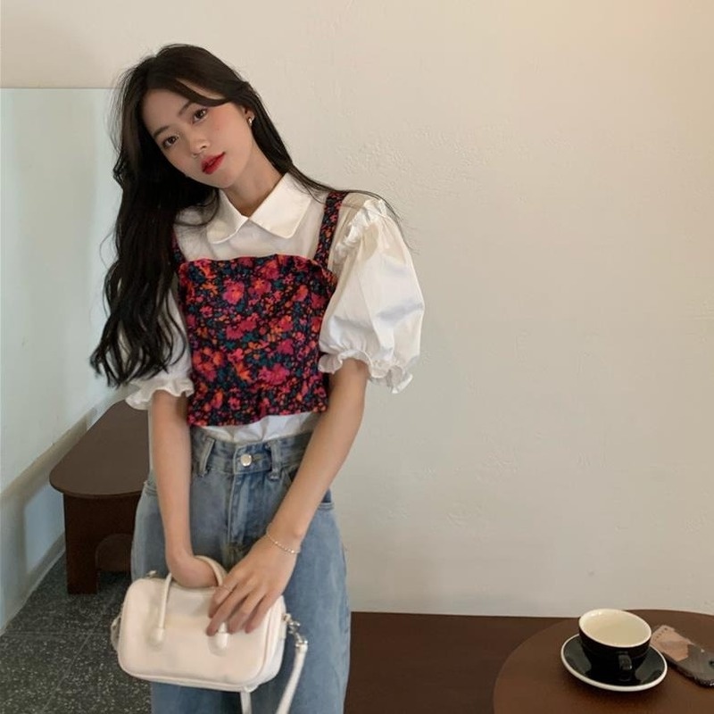Set Áo Sơ Mi Tay Phồng Kèm Áo Hai Dây Họa Tiết Hoa Thời Trang Mùa Hè
