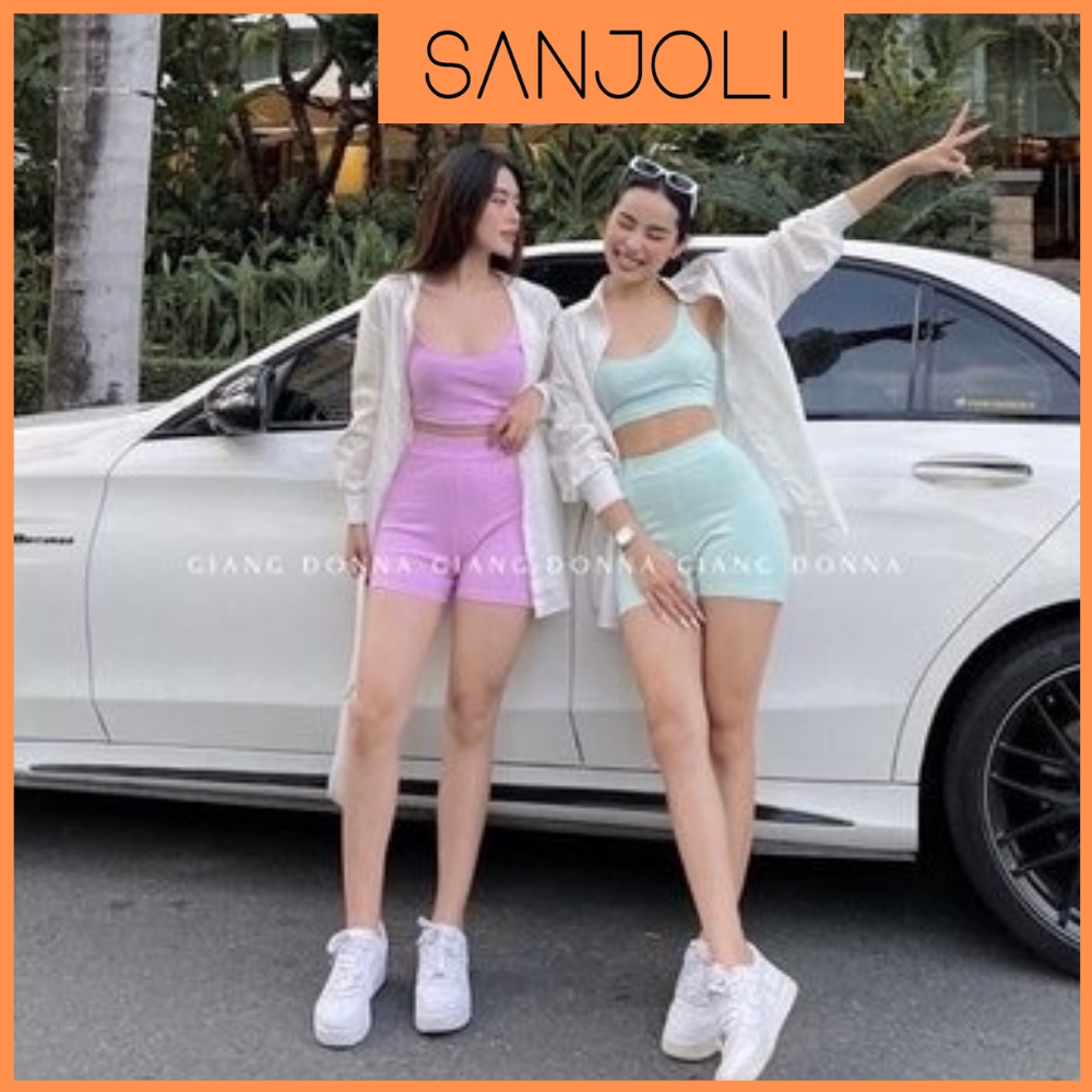 Set Áo Croptop SANJOLI Set Bộ Thể Thao Nữ Áo 2 Dây Phối Quần Đùi Biker Cá Tính AO045