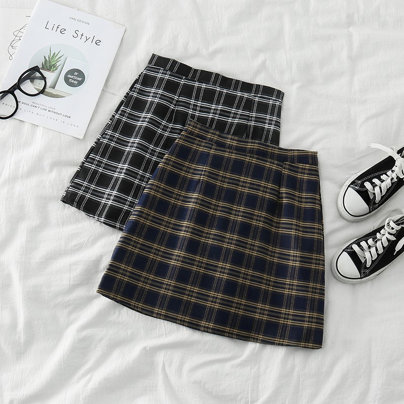 Chân Váy Chữ A Lưng Cao Họa Tiết Caro Thời Trang Cho Nữ