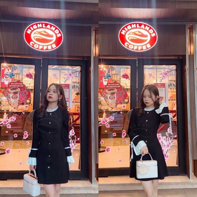 (SẴN S) Váy ôm eo xoè nhẹ, cổ phối bèo, tay xếp ly buộc nơ chất vải co dãn (có ảnh thật) | BigBuy360 - bigbuy360.vn