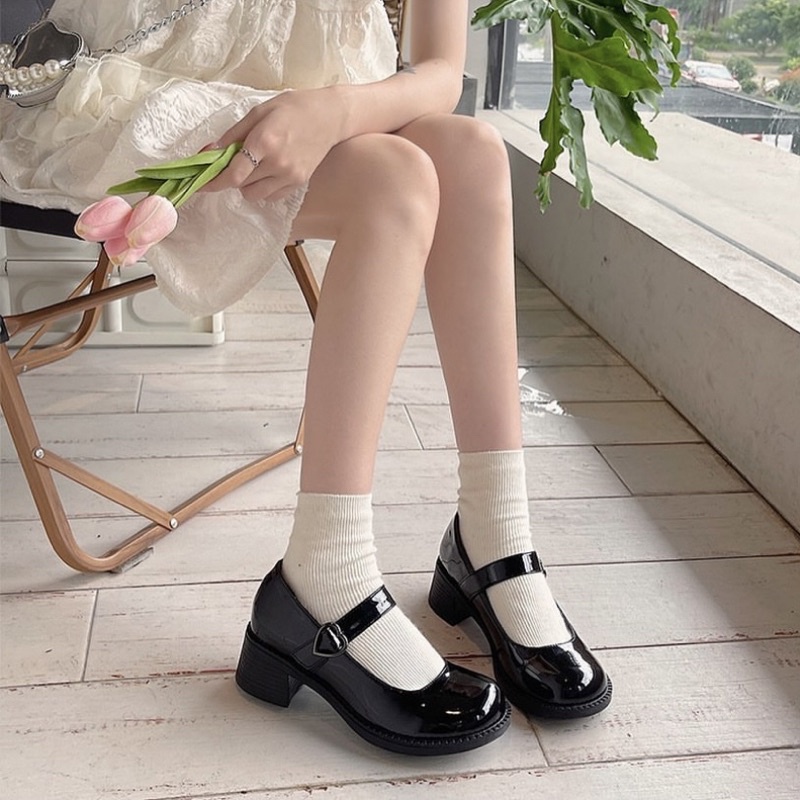 Giày búp bê lolita da bóng gót cao phong cách Hàn Quốc