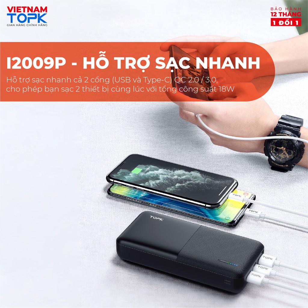 Sạc Dự Phòng TOPK I2009 20000mAh - Cổng USB Kép, Thiết Kế Nhỏ Gọn Tiện Lợi Cho Xiaomi/ Samsung/ iPhone