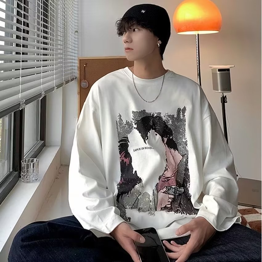 Áo Thun Tay Dài Dáng Rộng In Họa Tiết Hoạt Hình Phong Cách Hip Hop Hàn Quốc Thời Trang Cho Nam size M-5XL