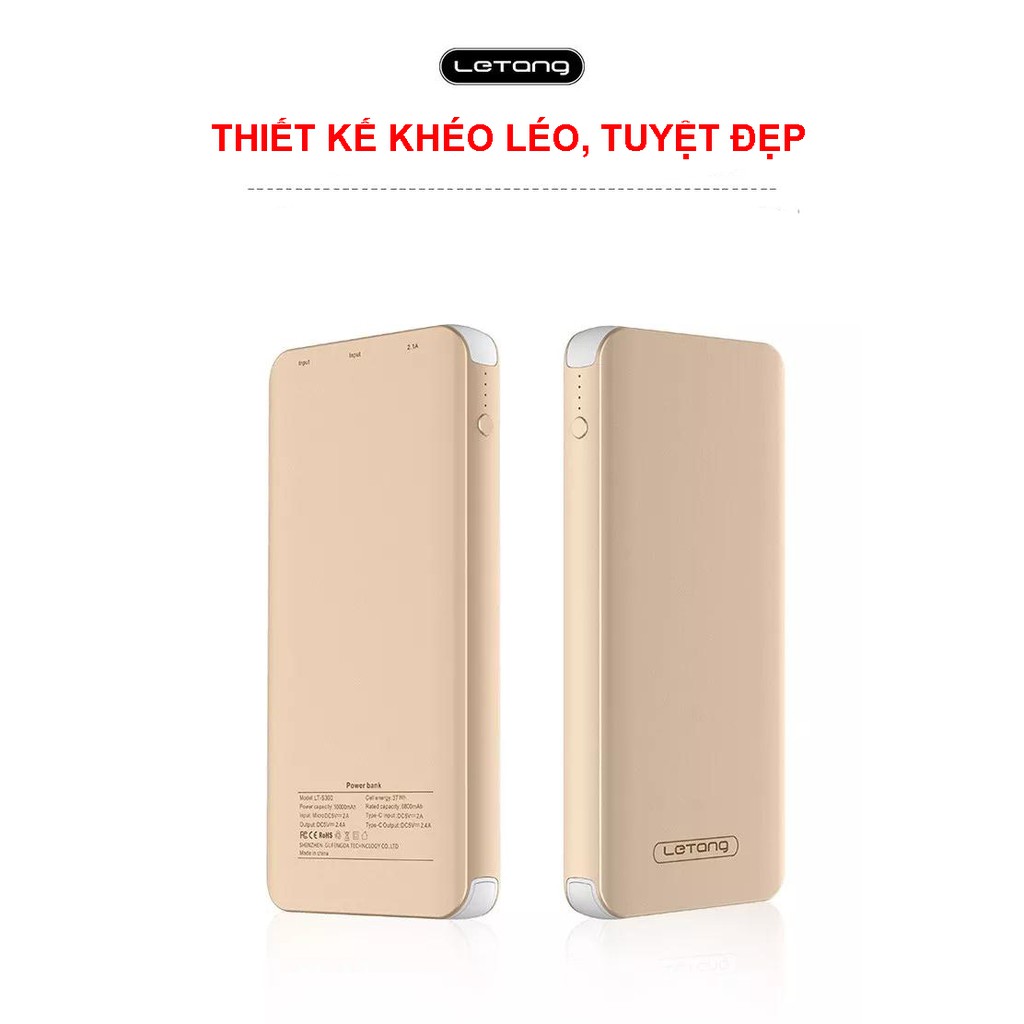 Pin dự phòng LETANG S300 - 10.000mAh siêu mỏng, siêu nhẹ, chống sốc tự ngắt khi sạc đầy cho iPhone, Samsung, OPPO,...