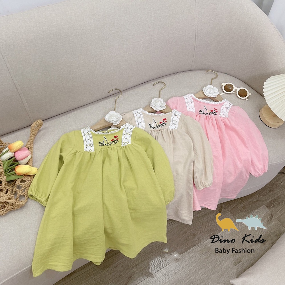 Đầm babydoll cho bé gái, váy babydoll vải đũi cara cổ thêu hoa xịn xò cho bé
