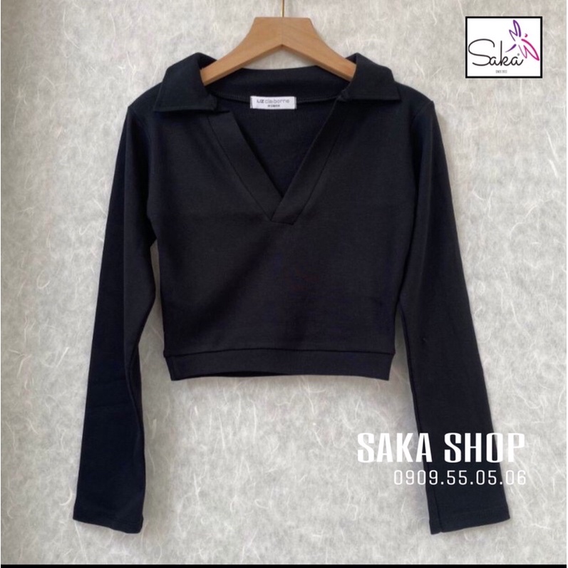 Áo thun nữ tay dài cổ sơ mi vải thun chánh phẩm đen trắng