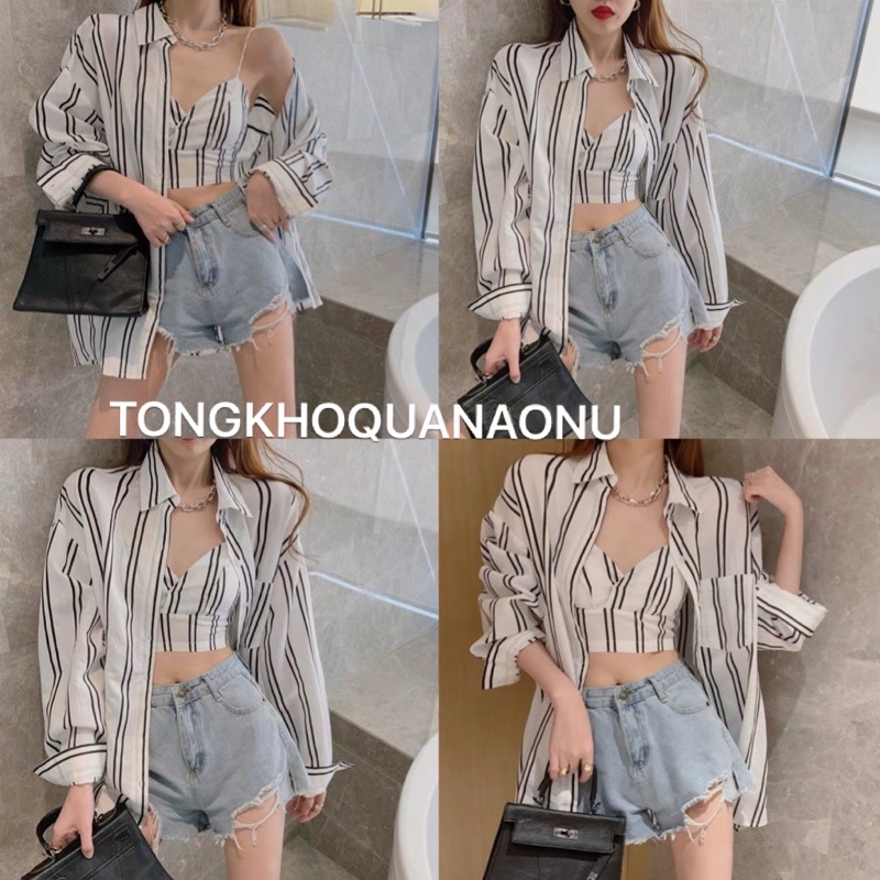 Áo sơ mi kẻ sọc trắng ❤️sét áo sơ mi kèm áo 2 dây❤️ áo kẻ ulzzang, áo nữ dài tay, áo unisex, áo 2 dây kèm áo dài