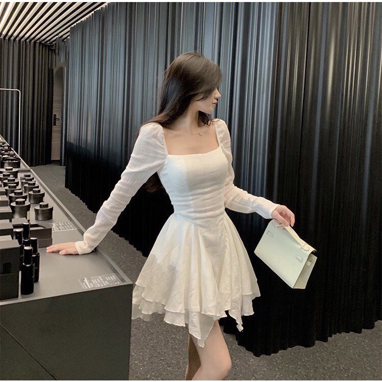 Đầm dự tiệc cổ vuông chiết eo dáng xòe chất kate nhật không nhăn đầm đi tiệc sang trọng