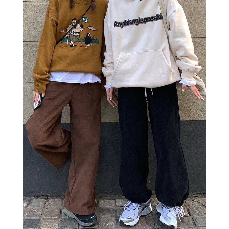 quần jogger nữ, quần ống rộng dáng dài nhung phom rộng có dây rút gấu mặc 2 kiểu